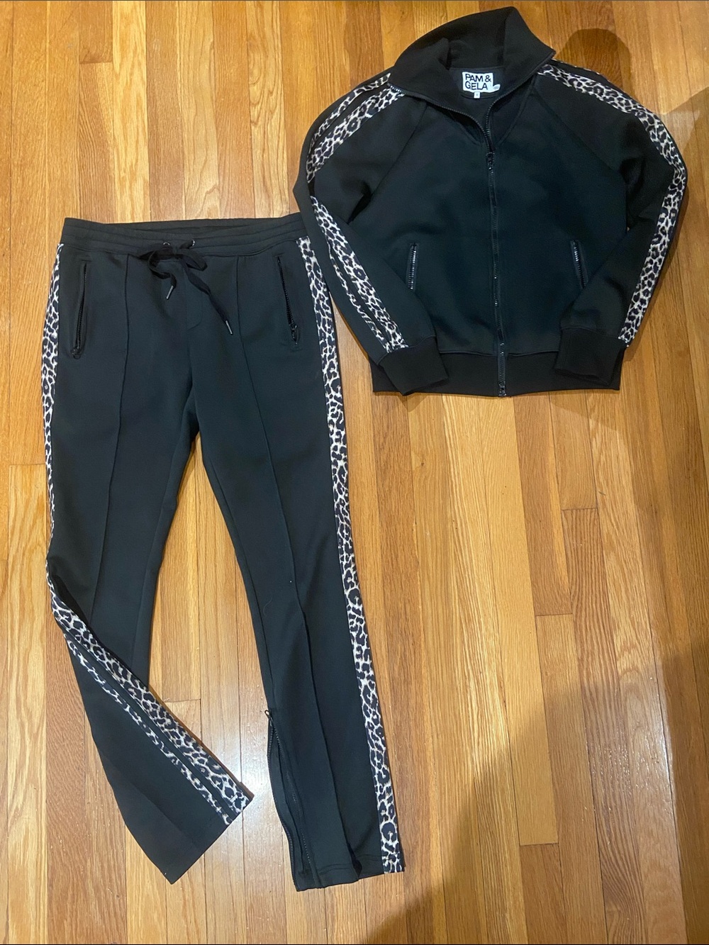 Pam & Gela Black Track Jacket &Joggers w Leopard Trim pants size M jacket Small
